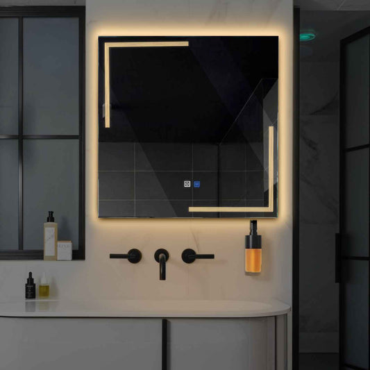 Oglinda LED patrata cu lumina LED calda Gama Minimal Model 2 cu butoane touch si dezaburire - Reyze