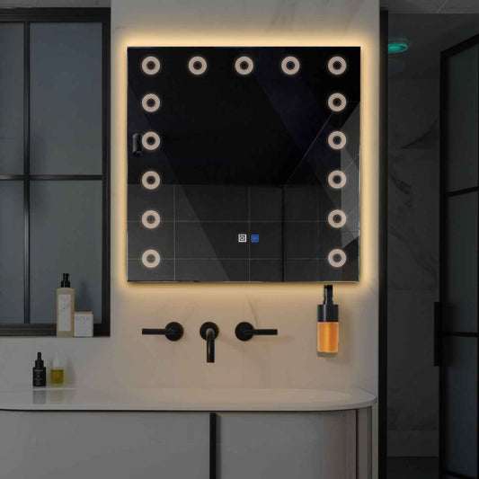 Oglinda LED patrata cu lumina LED calda Gama Minimal Model 4 cu butoane touch si dezaburire - Reyze