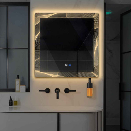 Oglinda LED patrata cu lumina LED calda Gama Simetria Model 2 cu butoane touch si dezaburire - Reyze
