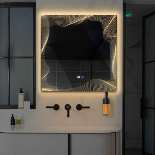 Oglinda LED patrata cu lumina LED calda Gama Simetria Model 3 cu butoane touch si dezaburire - Reyze