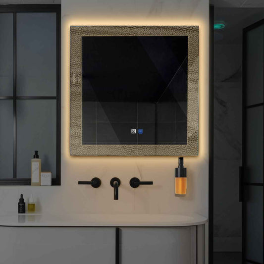 Oglinda LED patrata cu lumina LED calda Gama Simetria Model 4 cu butoane touch si dezaburire - Reyze