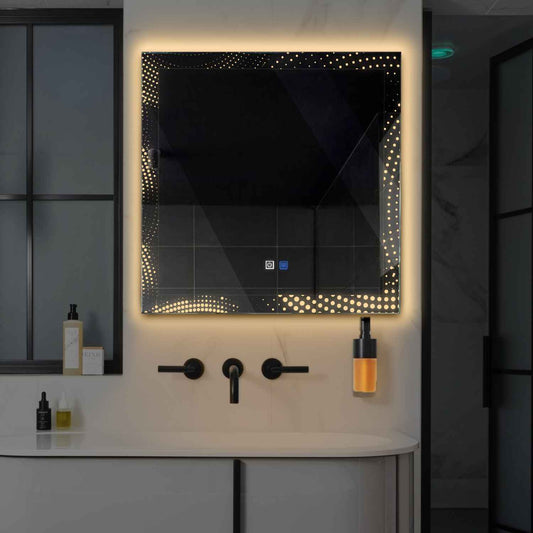 Oglinda LED patrata cu lumina LED calda Gama Simetria Model 8 cu butoane touch si dezaburire - Reyze