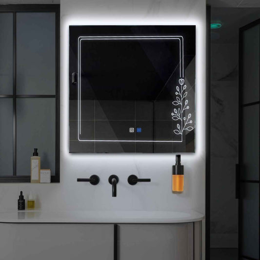 Oglinda LED patrata cu lumina LED rece Gama Good Vibes Model 3 cu butoane touch si dezaburire - Reyze