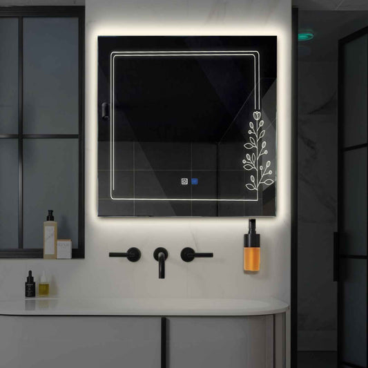 Oglinda LED patrata cu lumina LED neutra Gama Good Vibes Model 3 cu butoane touch si dezaburire - Reyze