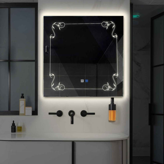 Oglinda LED patrata cu lumina LED neutra Gama Good Vibes Model 5 cu butoane touch si dezaburire - Reyze