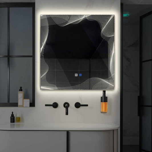 Oglinda LED patrata cu lumina LED neutra Gama Simetria Model 3 cu butoane touch si dezaburire - Reyze