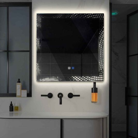 Oglinda LED patrata cu lumina LED neutra Gama Simetria Model 8 cu butoane touch si dezaburire - Reyze