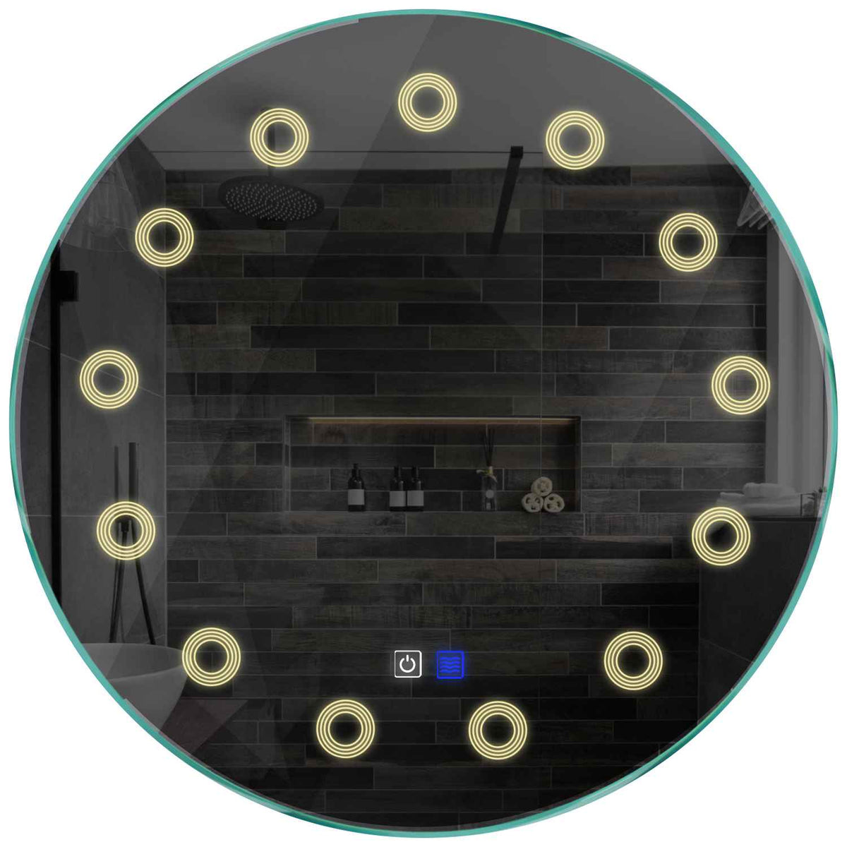 Oglinda LED rotunda cu lumina LED calda Gama Minimal Model 4 cu butoane touch si dezaburire - Reyze