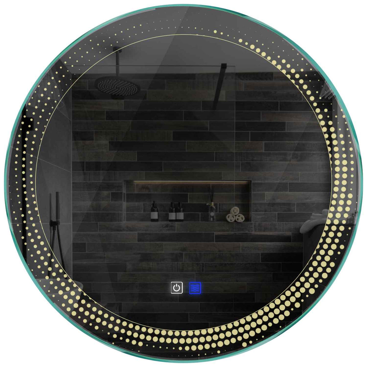 Oglinda LED rotunda cu lumina LED calda Gama Simetria Model 8 cu butoane touch si dezaburire - Reyze